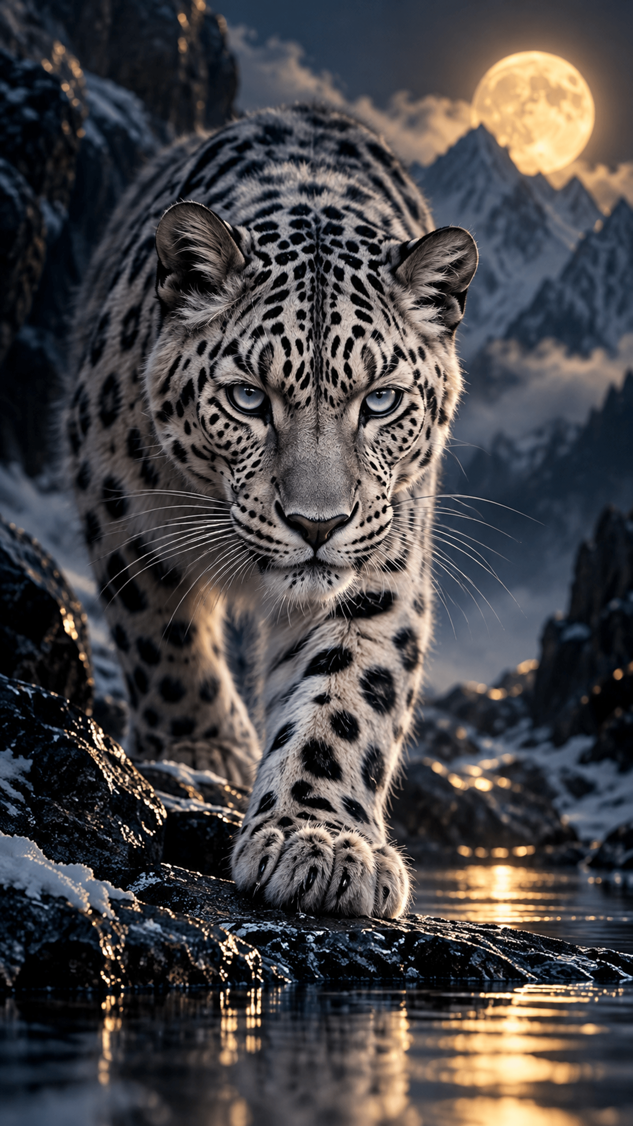 Moonlit Snow Leopard Animals phone wallpaper