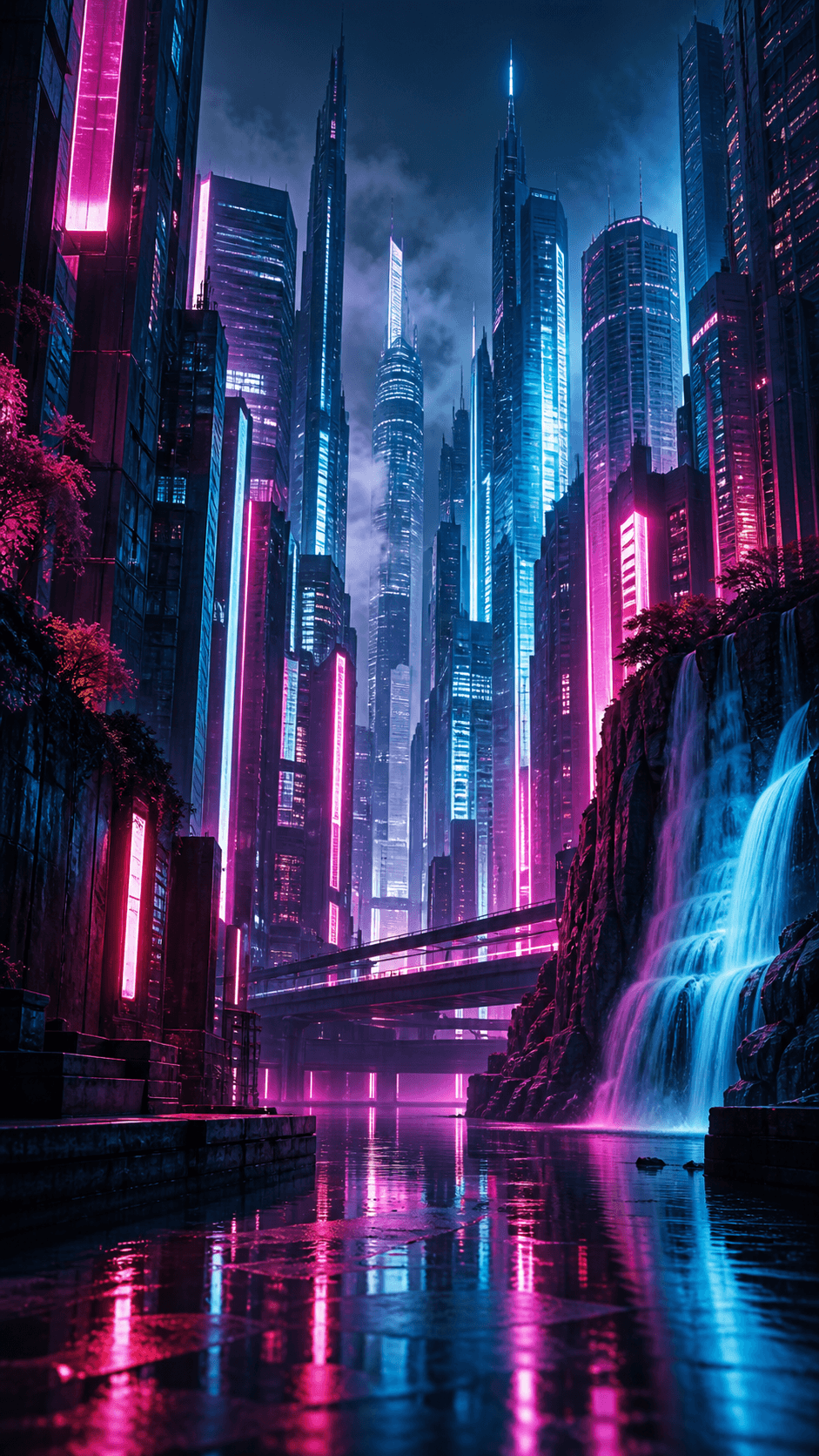 Neon Rain City Illustration phone wallpaper
