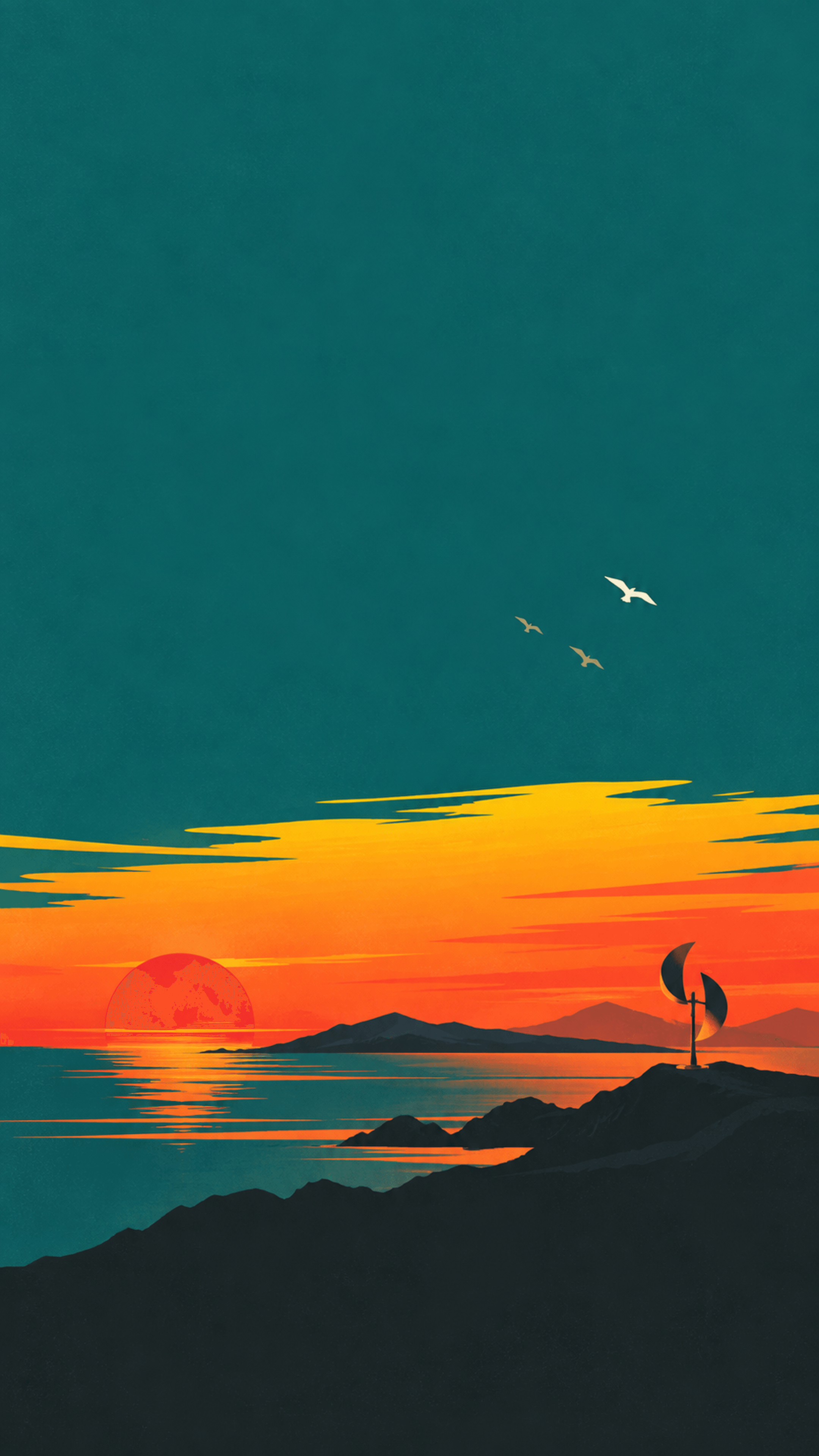 Teal Sunset Peninsula Illustration phone wallpaper