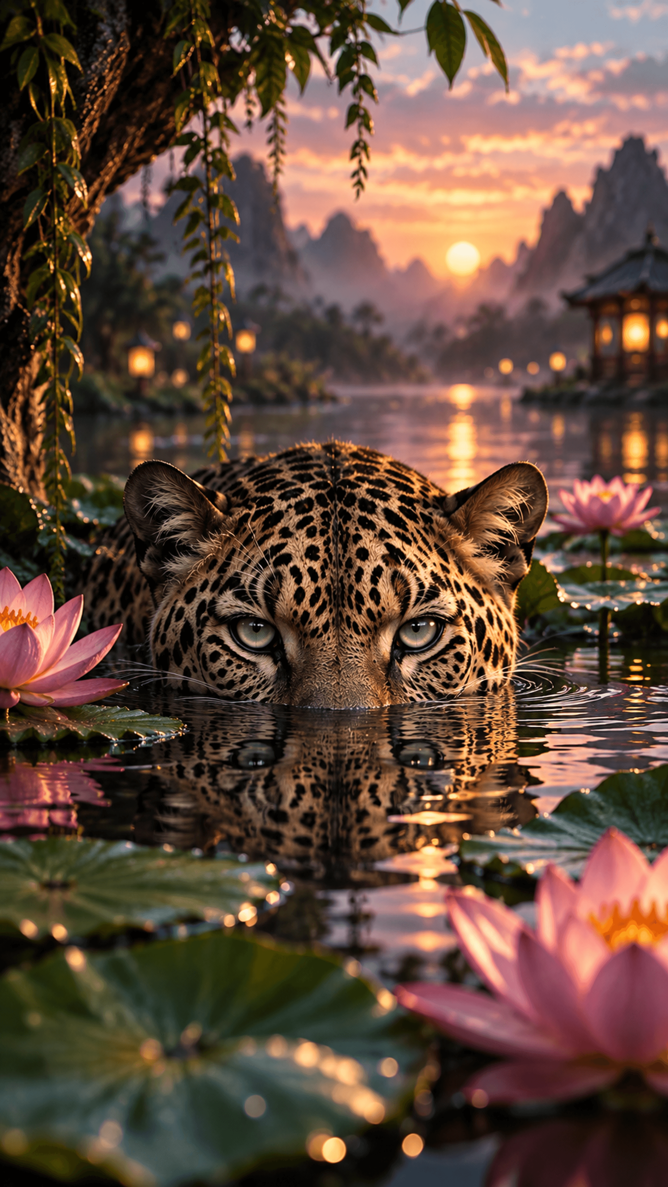 Twilight Lotus Leopard Animals phone wallpaper